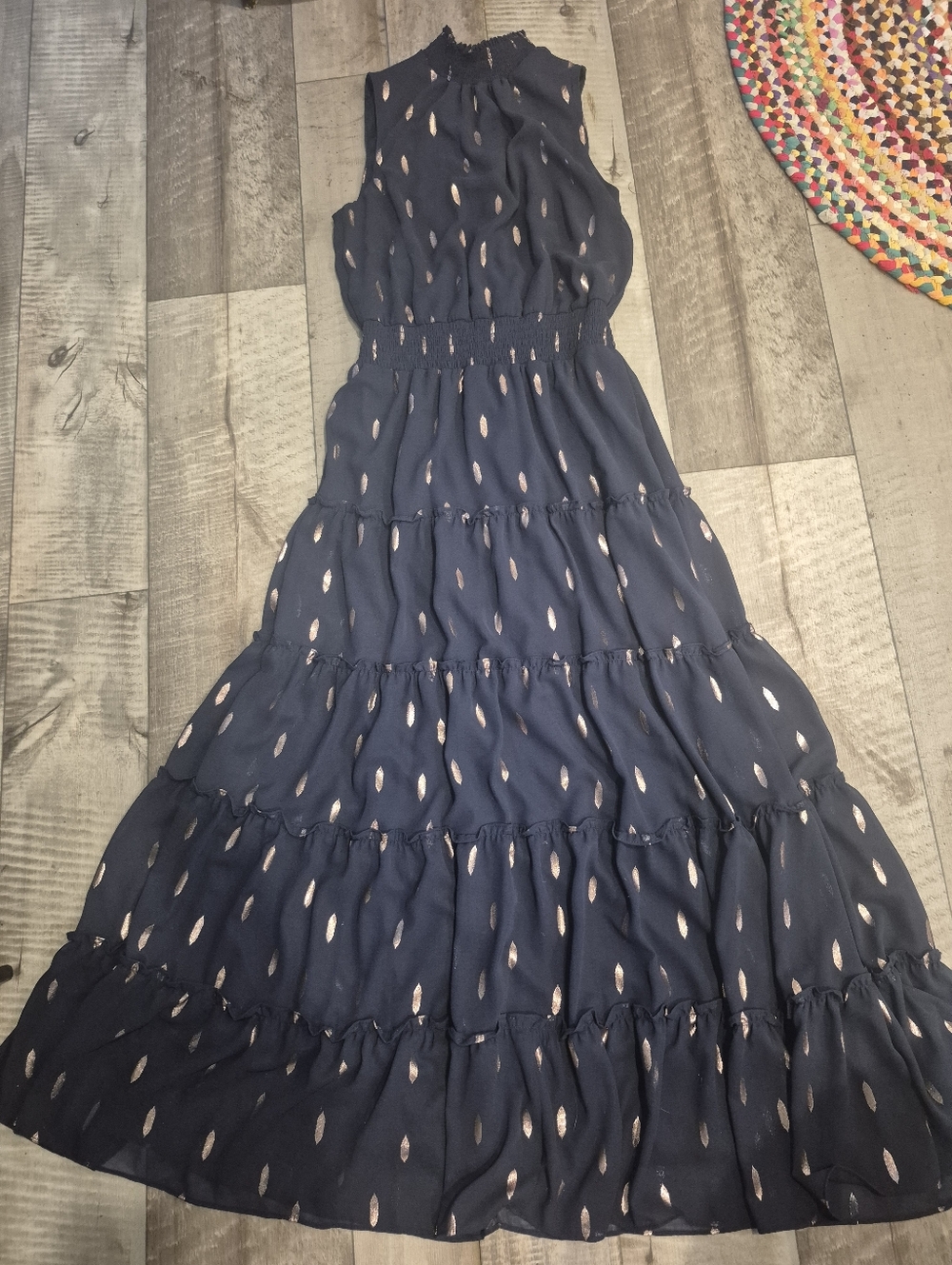 MSK Dress Maxi Dress Sleeveless Navy Gold Dot Print S - Picture 10 of 10